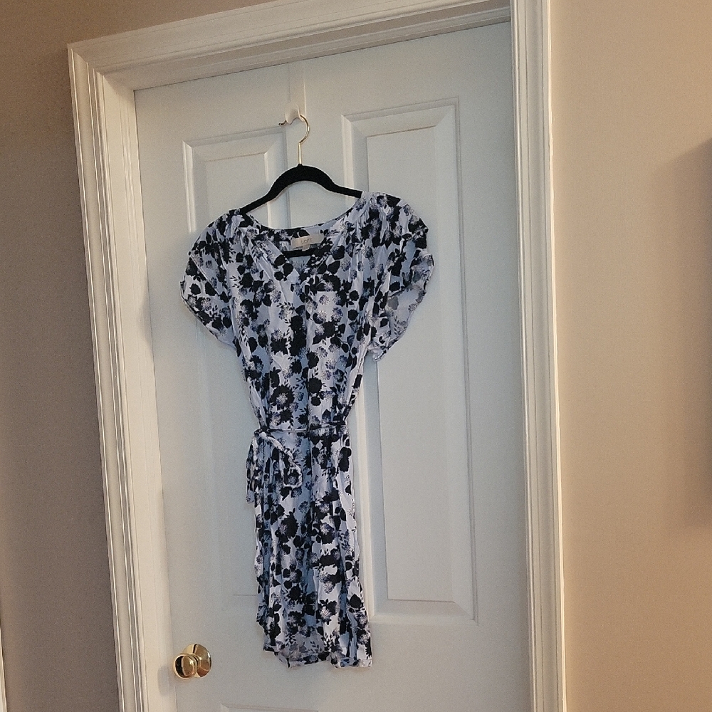 Loft Pale Blue and Black Floral Dress Small